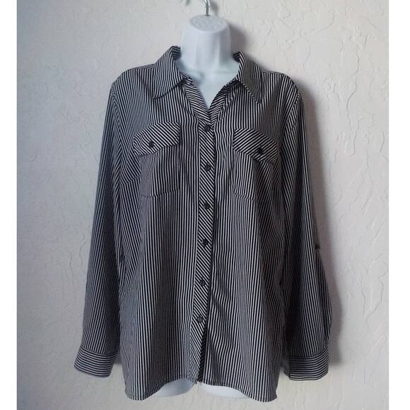 Notations Black White Stripes Button Up Shirt Top Long Sleeves Women size Large - Picture 1 of 11
